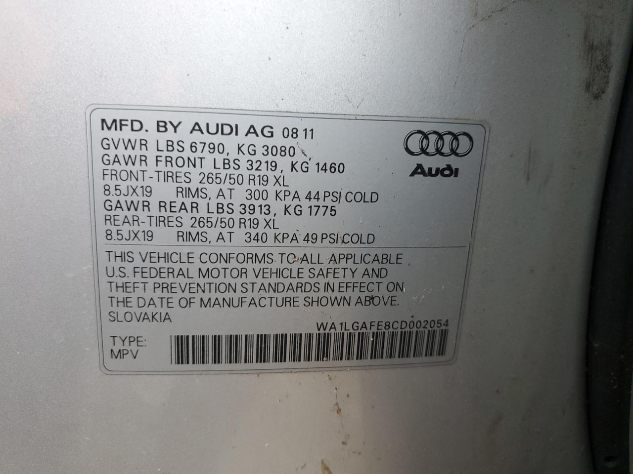 2012 Audi Q7 Premium Plus VIN: WA1LGAFE8CD002054 Lot: 61968375