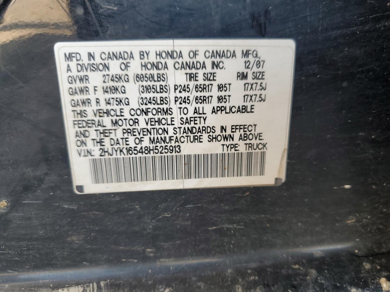 2008 Honda Ridgeline Rtl VIN: 2HJYK16548H525913 Lot: 61490765