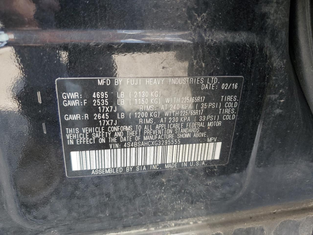 2016 Subaru Outback 2.5I Premium VIN: 4S4BSAHCXG3295555 Lot: 61200895