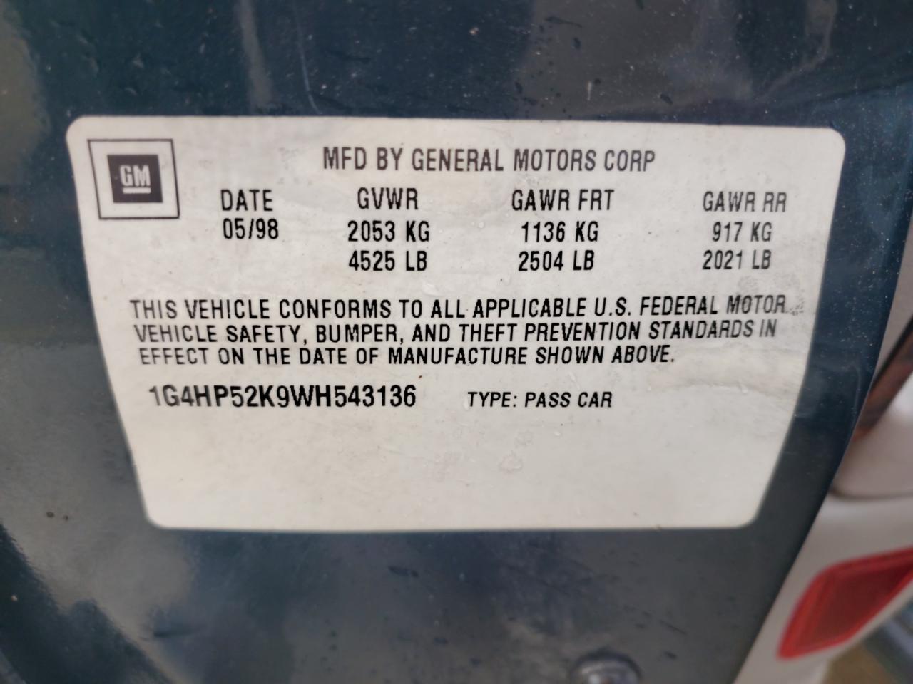 1998 Buick Lesabre Custom VIN: 1G4HP52K9WH543136 Lot: 60875885