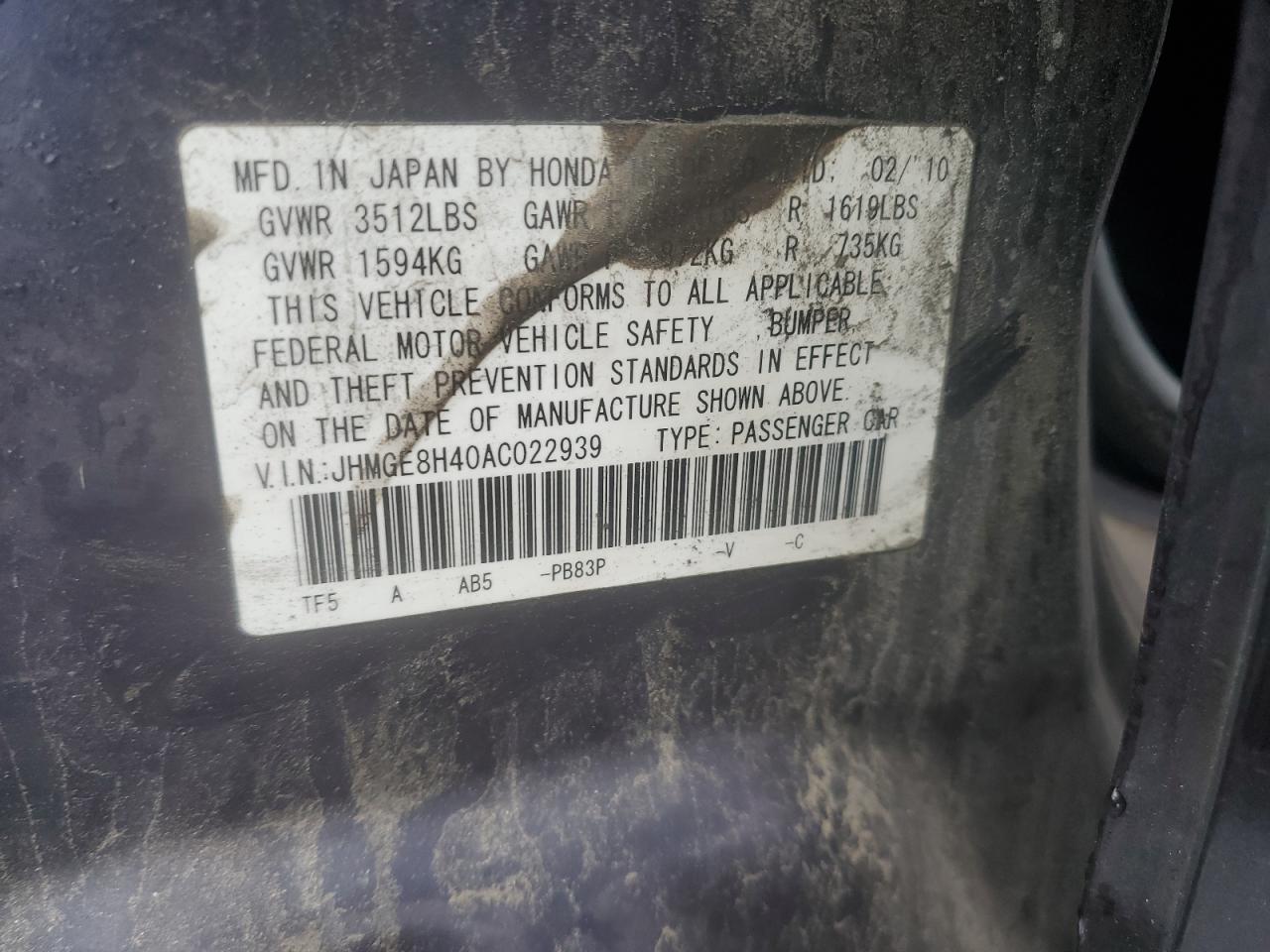 2010 Honda Fit Sport VIN: JHMGE8H40AC022939 Lot: 60949015