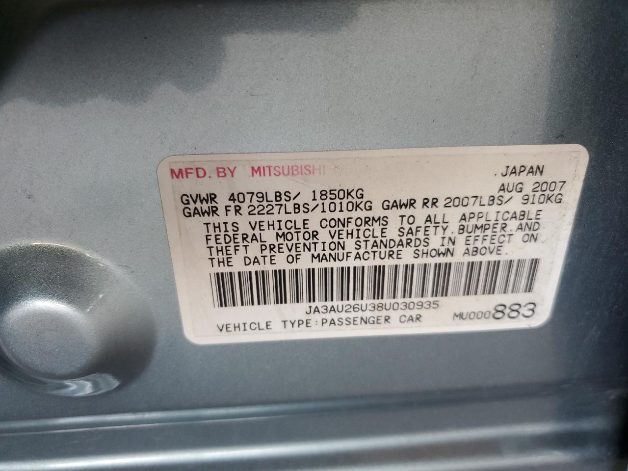 2008 Mitsubishi Lancer Es VIN: JA3AU26U38U030935 Lot: 62779175
