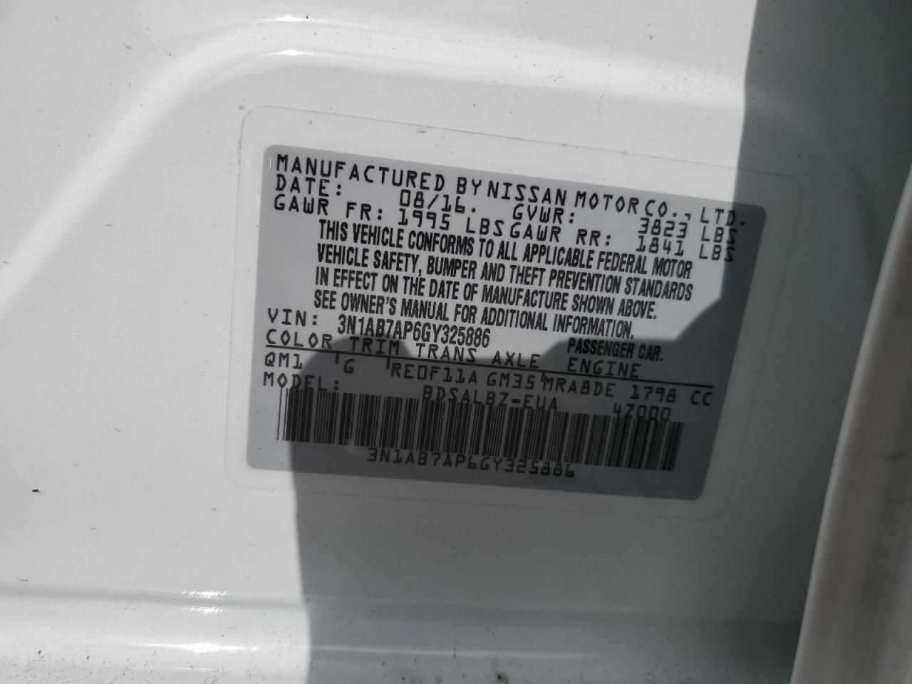 3N1AB7AP6GY325886 NISSAN SENTRA 2016