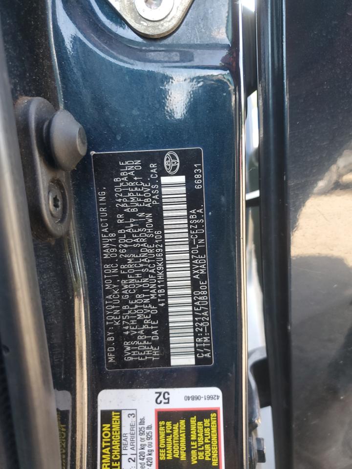 2019 Toyota Camry L VIN: 4T1B11HK9KU692106 Lot: 62965595