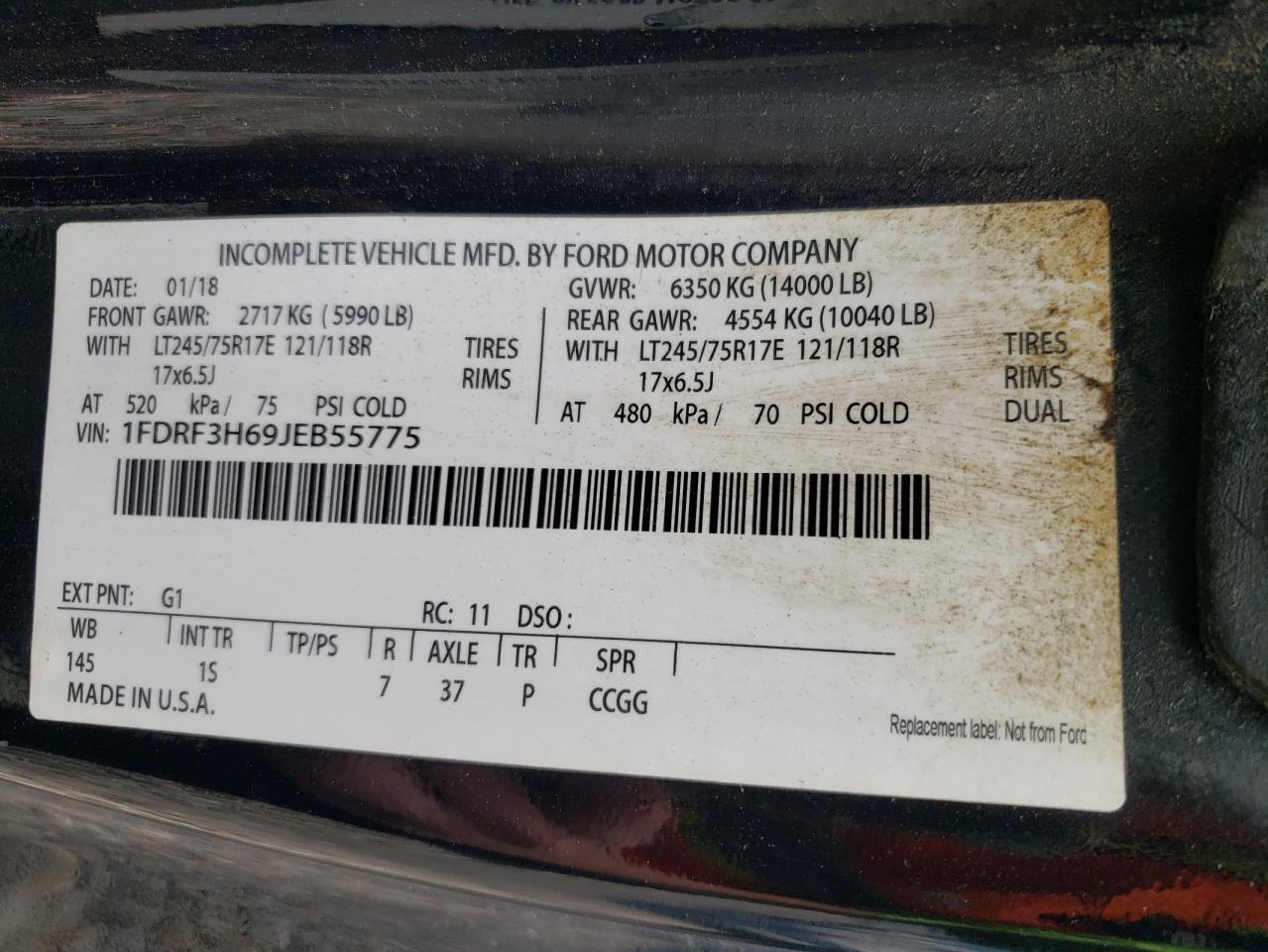 2018 Ford F350 Super Duty VIN: 1FDRF3H69JEB55775 Lot: 61714005