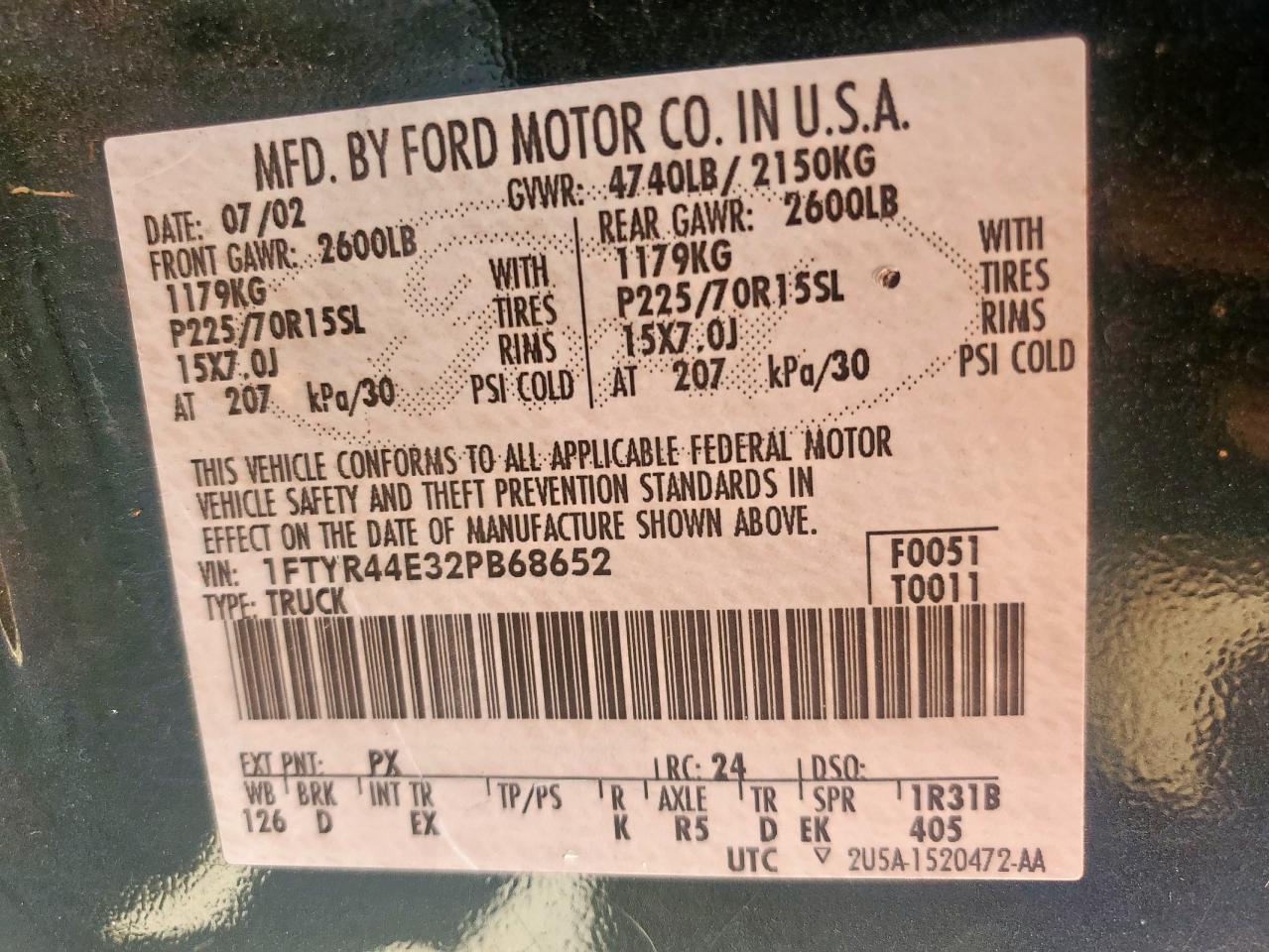 2002 Ford Ranger Super Cab VIN: 1FTYR44E32PB68652 Lot: 61678665