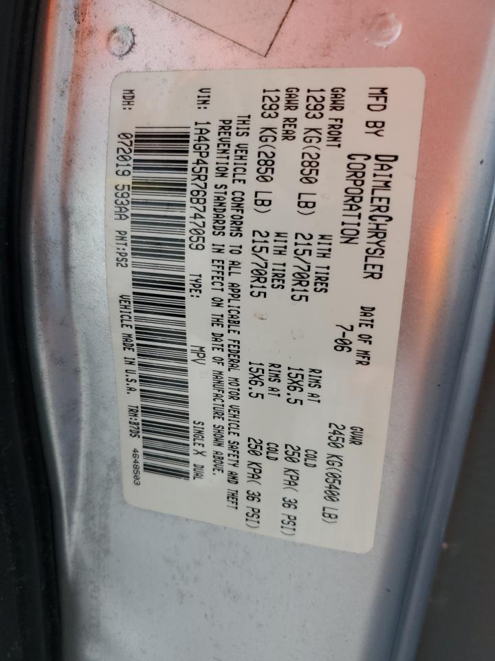 2006 Chrysler Town & Country VIN: 1A4GP45R76B747059 Lot: 62703395
