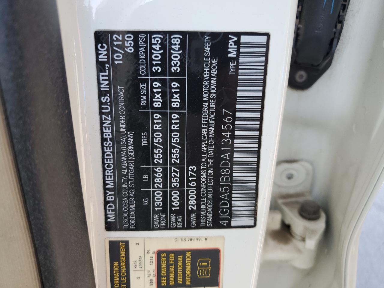 2013 Mercedes-Benz Ml 350 VIN: 4JGDA5JB8DA134567 Lot: 59337765