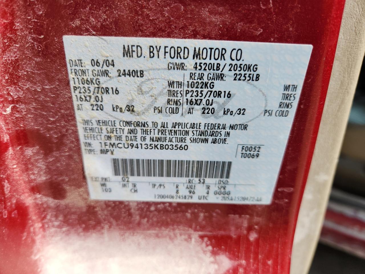 2005 Ford Escape Limited VIN: 1FMCU94135KB03560 Lot: 62597925