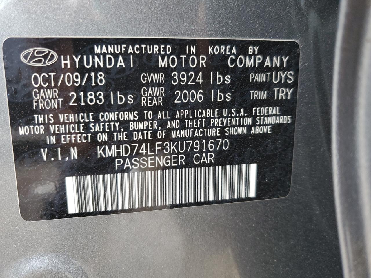 2019 Hyundai Elantra Se VIN: KMHD74LF3KU791670 Lot: 62463295