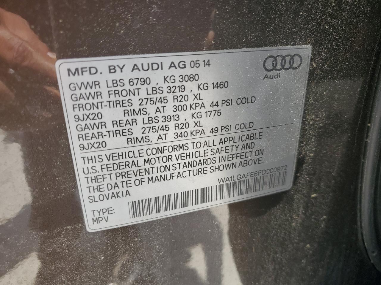 2015 Audi Q7 Premium Plus VIN: WA1LGAFE8FD000972 Lot: 62285055