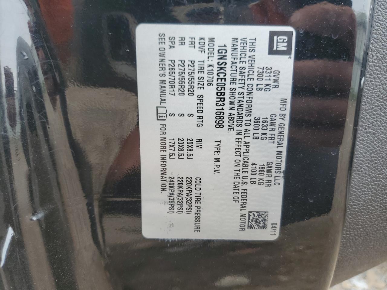 2011 Chevrolet Tahoe K1500 Ltz VIN: 1GNSKCE05BR316898 Lot: 60779975