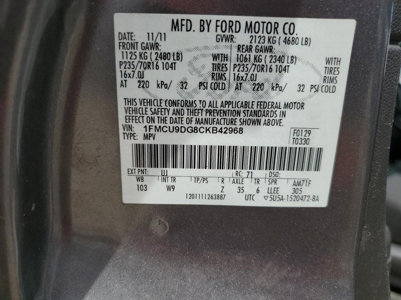 2012 Ford Escape Xlt VIN: 1FMCU9DG8CKB42968 Lot: 61763275