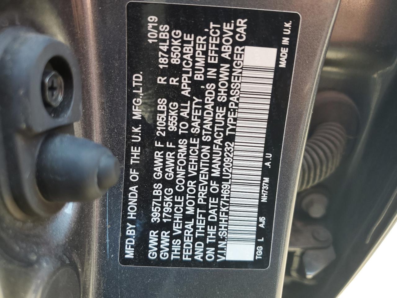 HONDA CIVIC 2020 VIN SHHFK7H69LU209232 photo 12
