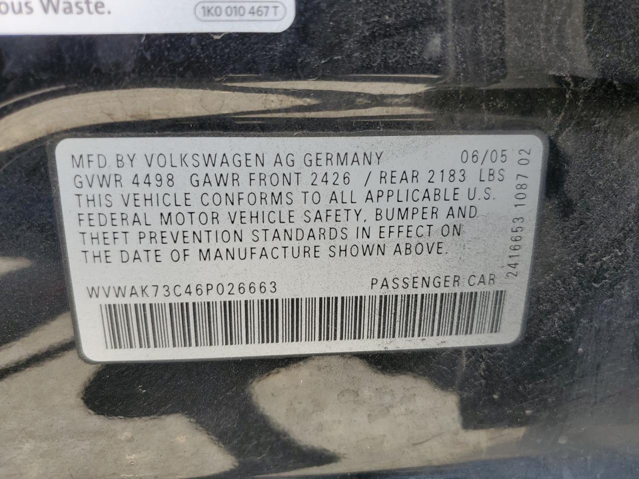 2006 Volkswagen Passat 2.0T VIN: WVWAK73C46P026663 Lot: 61498515