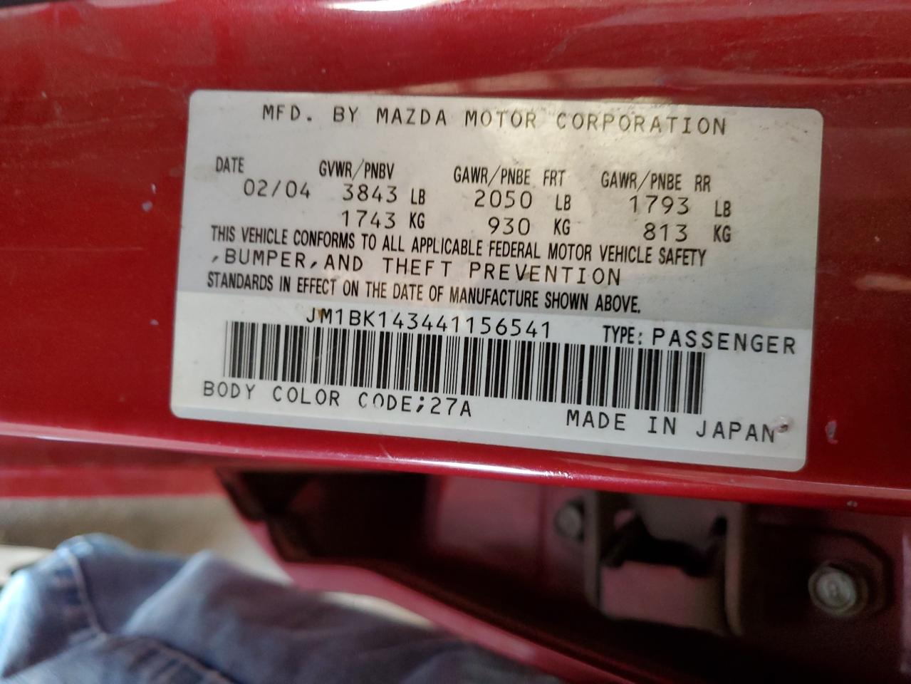 2004 Mazda 3 Hatchback VIN: JM1BK143441156541 Lot: 62944495