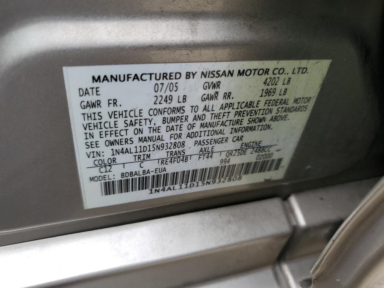 2005 Nissan Altima S VIN: 1N4AL11D15N932808 Lot: 62699345