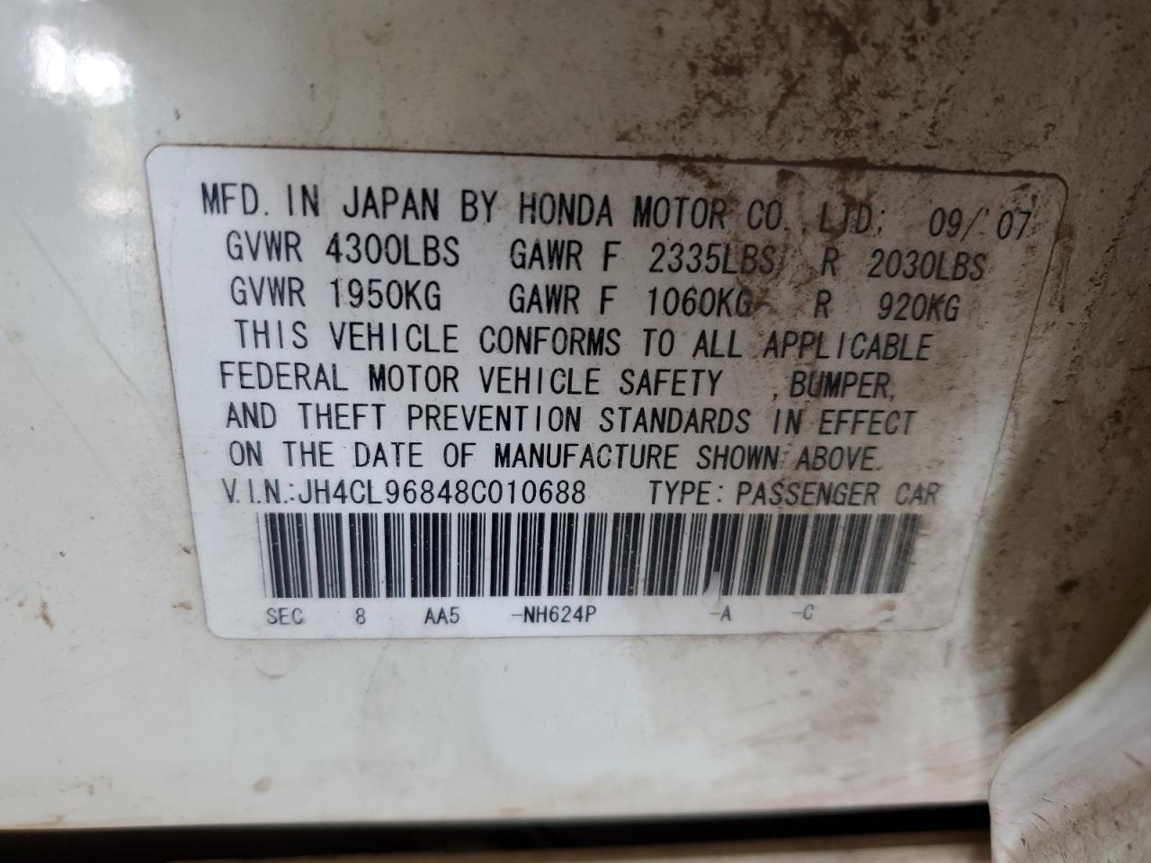 2008 Acura Tsx VIN: JH4CL96848C010688 Lot: 61346365