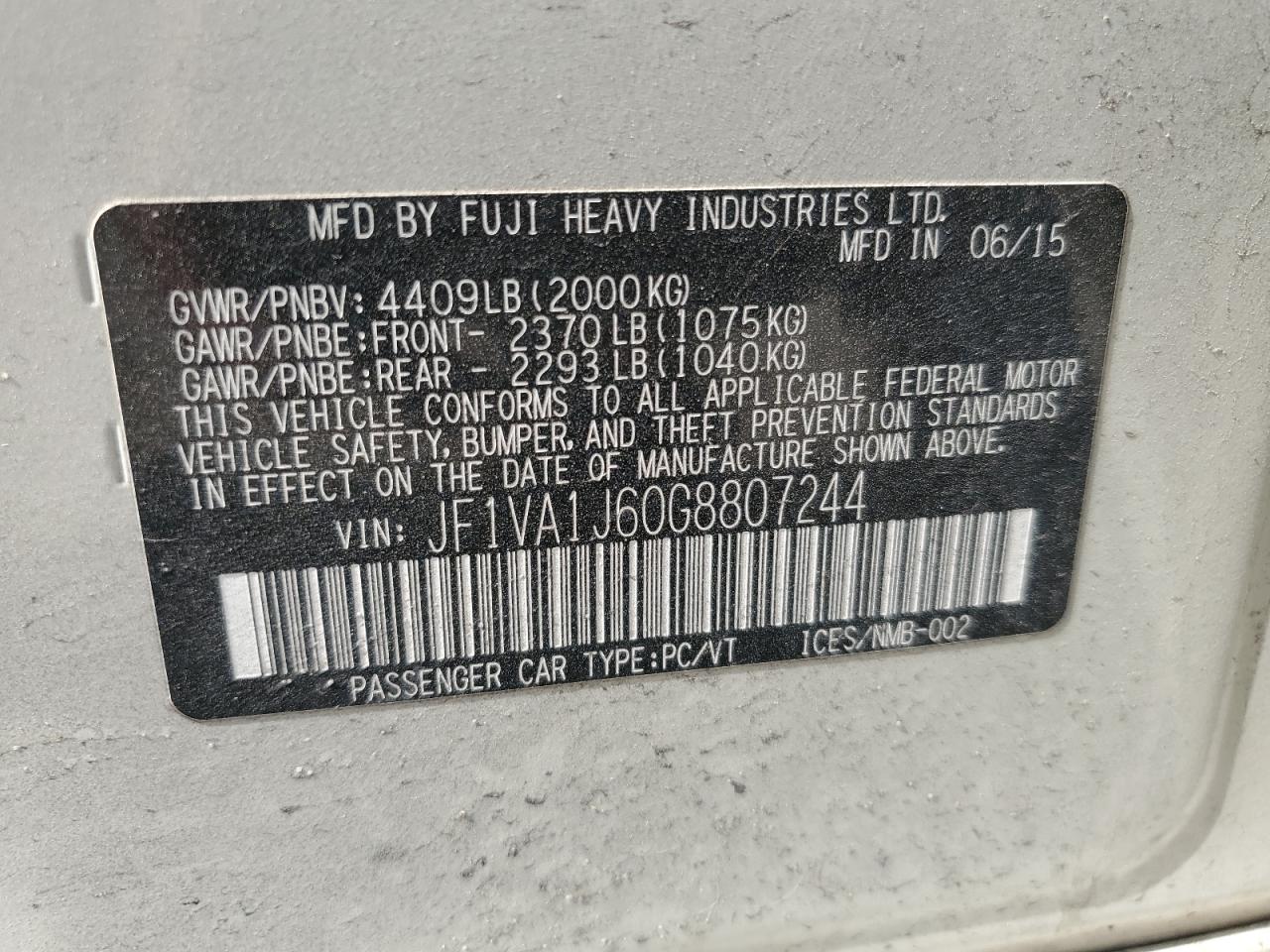 2016 Subaru Wrx Limited VIN: JF1VA1J60G8807244 Lot: 61259225
