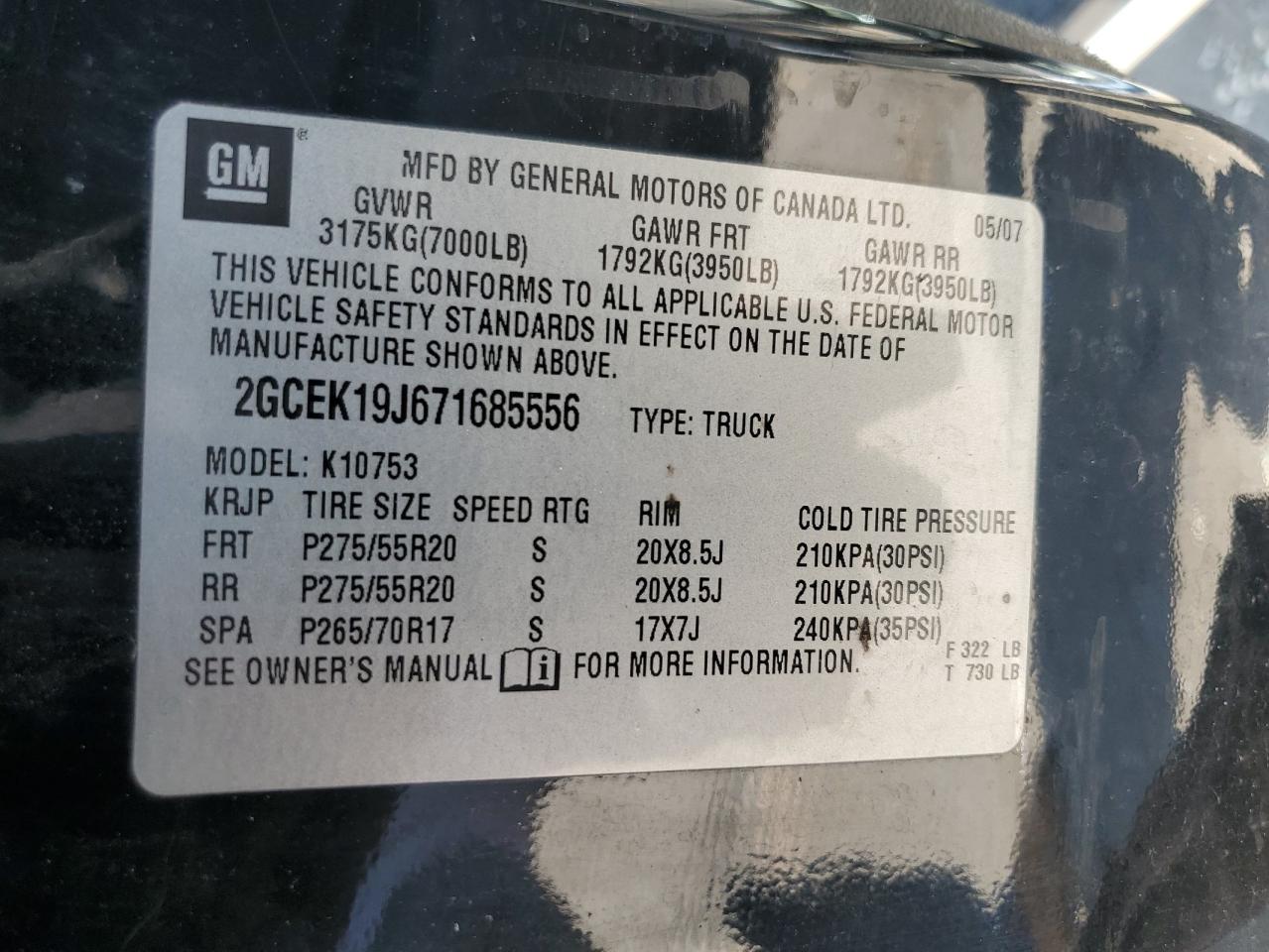 2007 Chevrolet Silverado K1500 VIN: 2GCEK19J671685556 Lot: 62690375