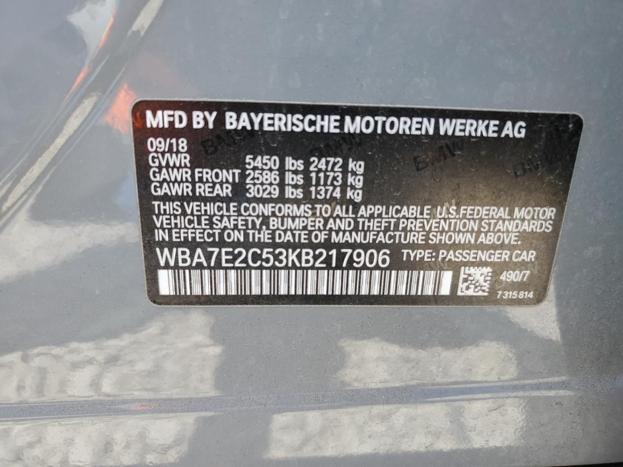 2019 BMW 740 I VIN: WBA7E2C53KB217906 Lot: 62313965