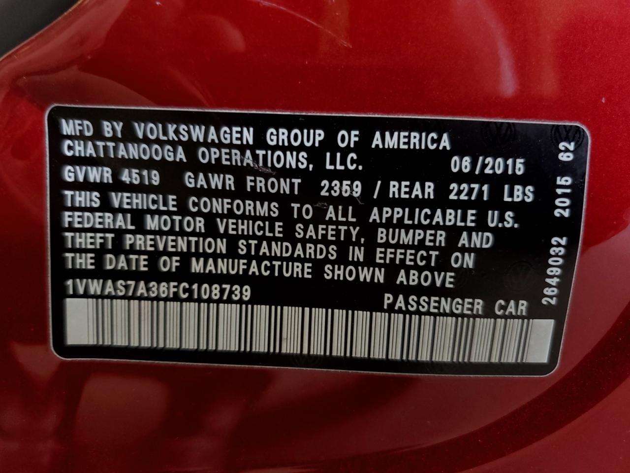 2015 Volkswagen Passat S VIN: 1VWAS7A36FC108739 Lot: 62582565