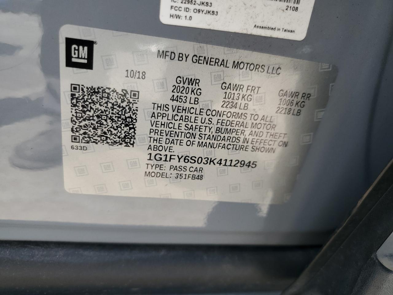 2019 Chevrolet Bolt Ev Lt VIN: 1G1FY6S03K4112945 Lot: 62604115