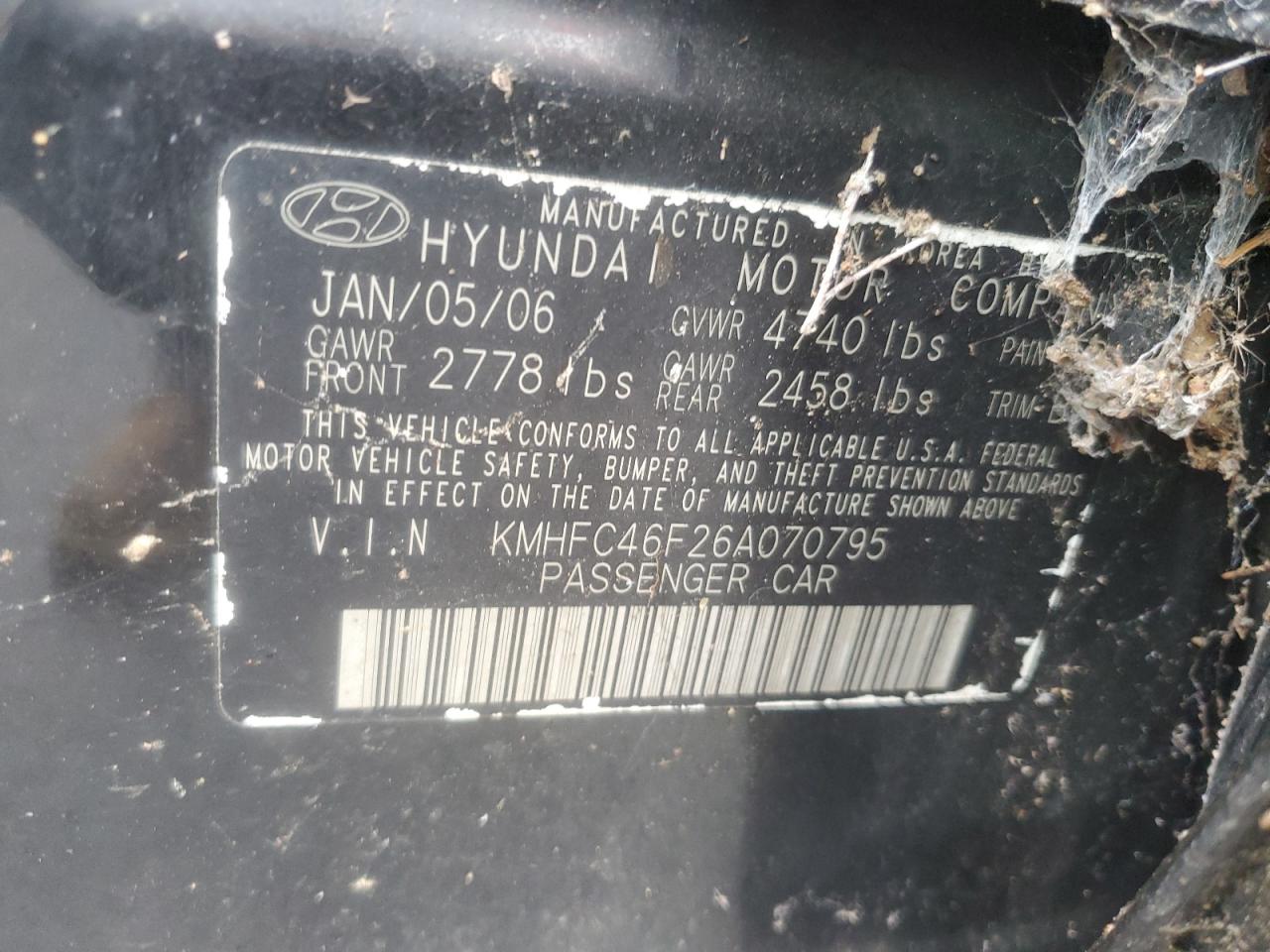 2006 Hyundai Azera Se VIN: KMHFC46F26A070795 Lot: 58563165