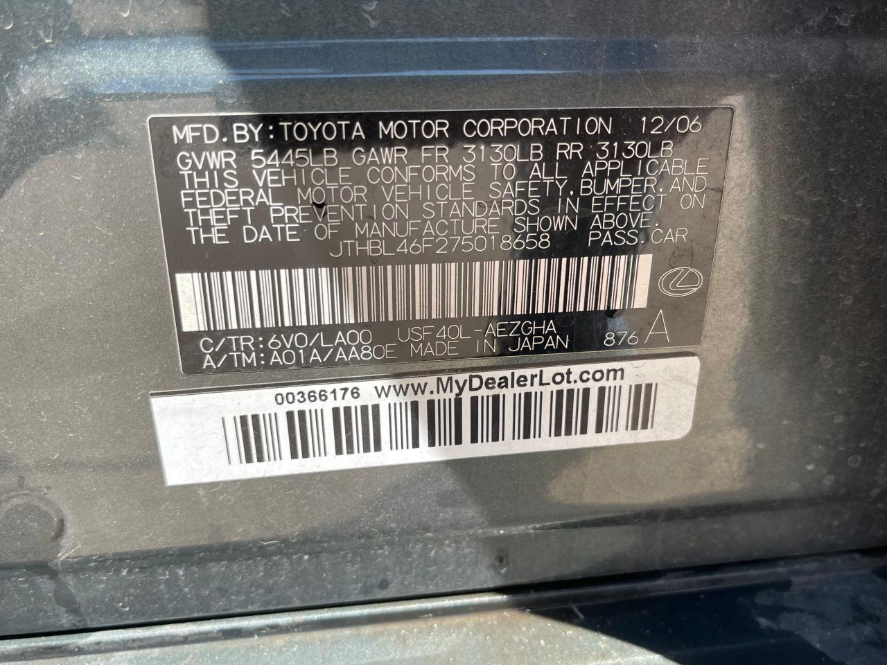LEXUS LS460 2007 VIN JTHBL46F275018658 zdjęcie 10