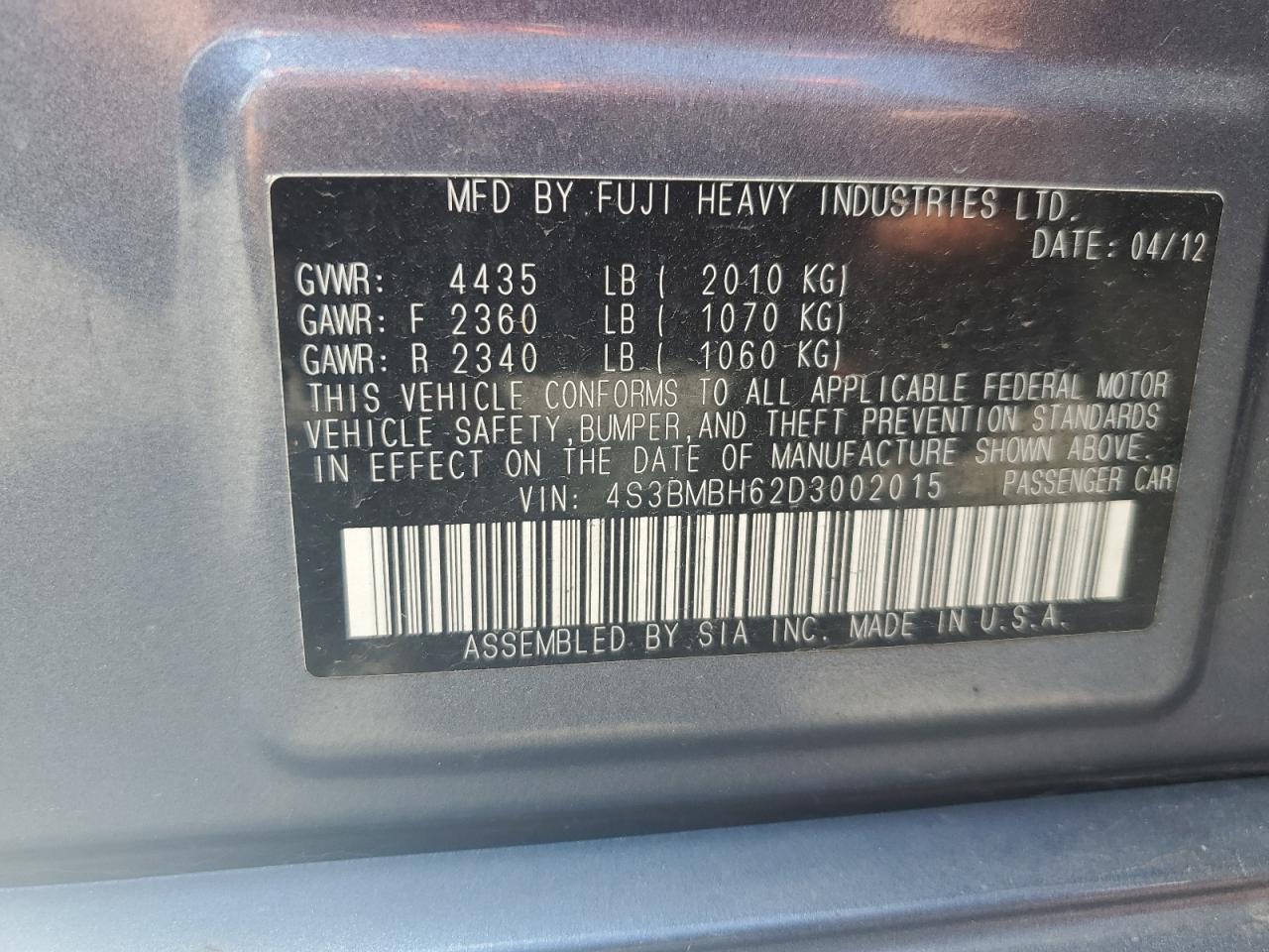 2013 Subaru Legacy 2.5I Premium VIN: 4S3BMBH62D3002015 Lot: 62558615