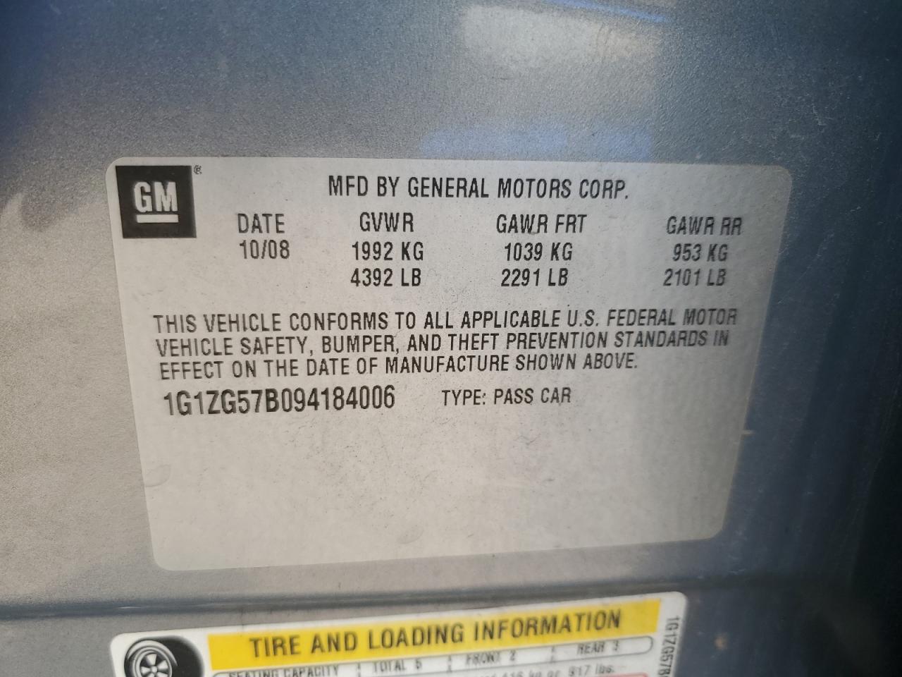 2009 Chevrolet Malibu Ls VIN: 1G1ZG57B094184006 Lot: 58865995