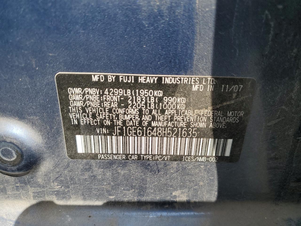 2008 Subaru Impreza 2.5I VIN: JF1GE61648H521635 Lot: 60323665