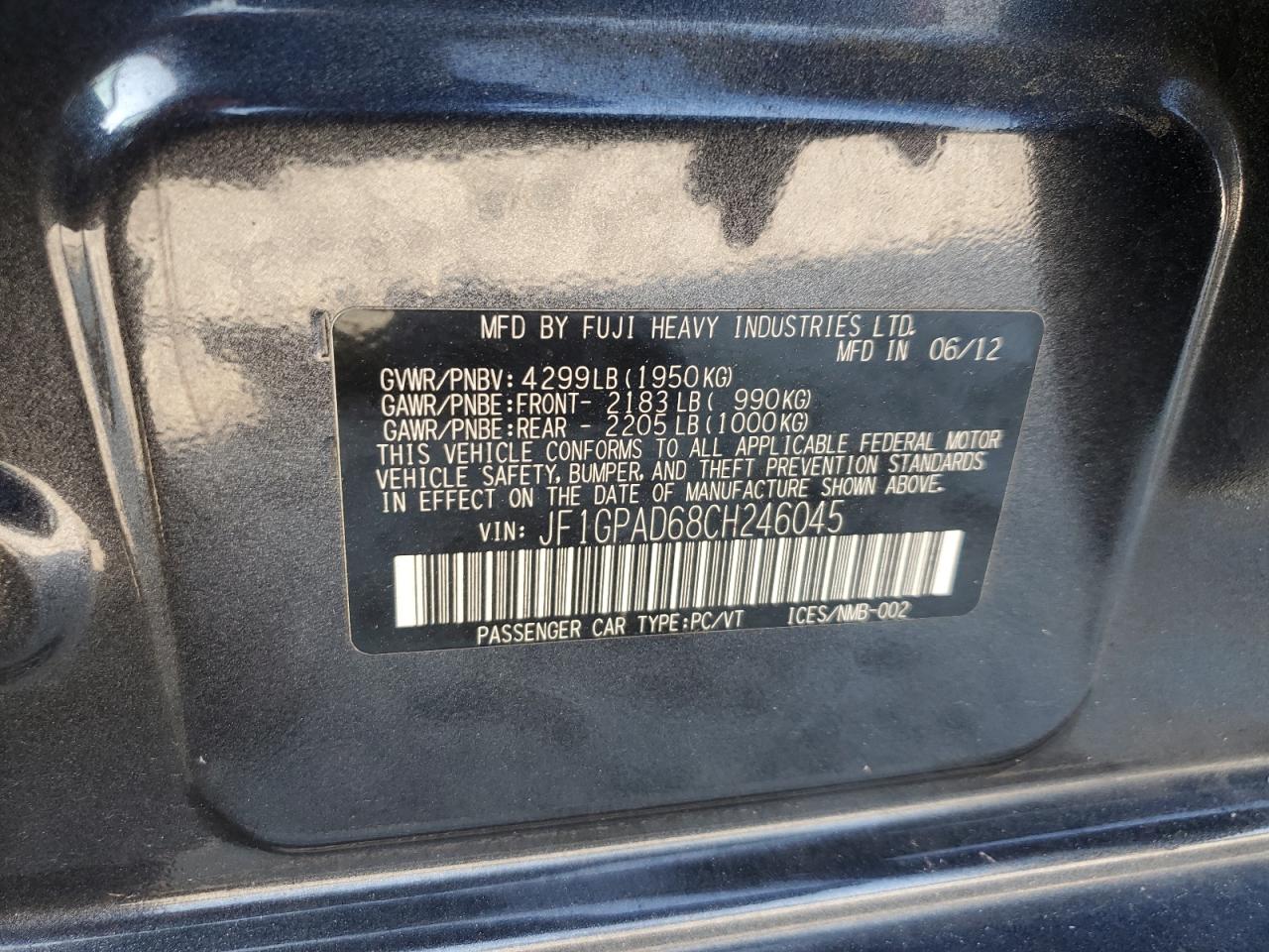 2012 Subaru Impreza Premium VIN: JF1GPAD68CH246045 Lot: 61991565