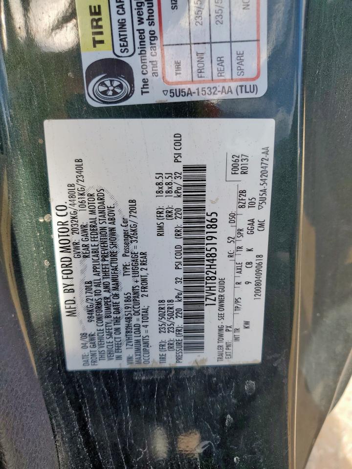 2008 Ford Mustang Gt VIN: 1ZVHT82H485191865 Lot: 62591805