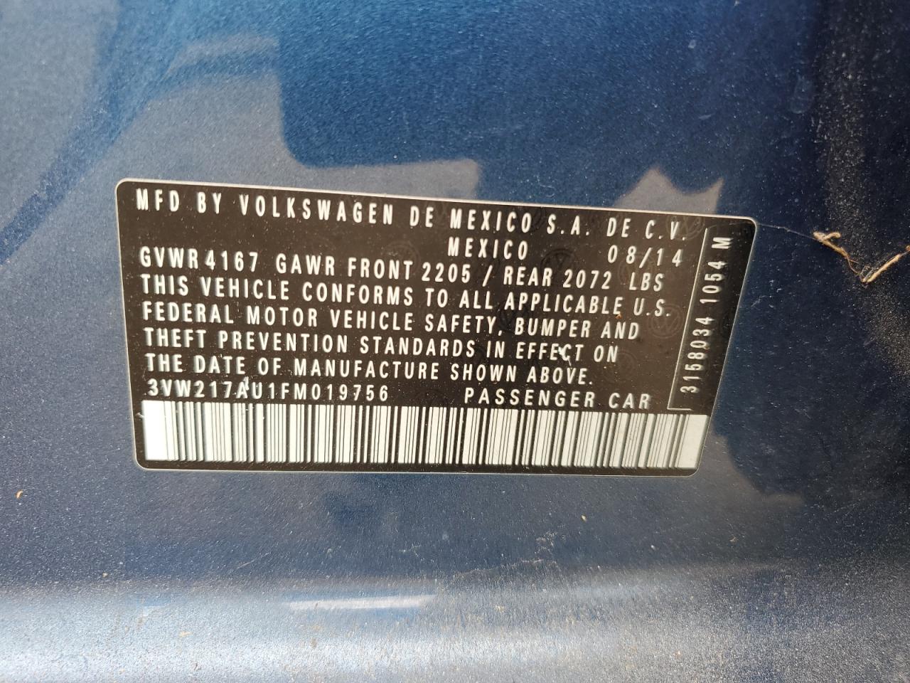 2015 Volkswagen Golf VIN: 3VW217AU1FM019756 Lot: 59892645