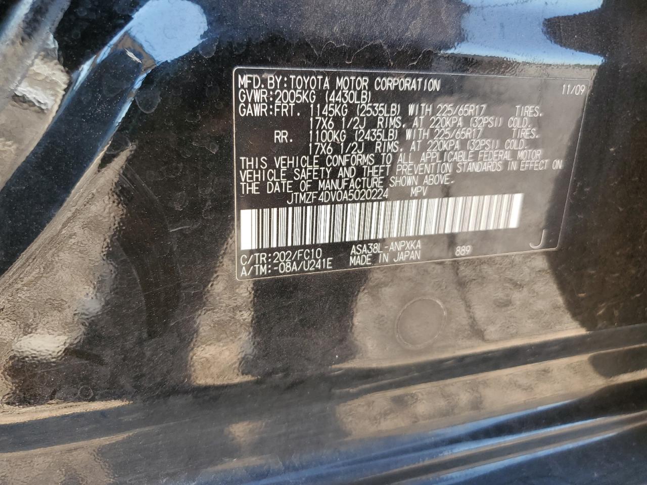 2010 Toyota Rav4 VIN: JTMZF4DV0A5020224 Lot: 62930205