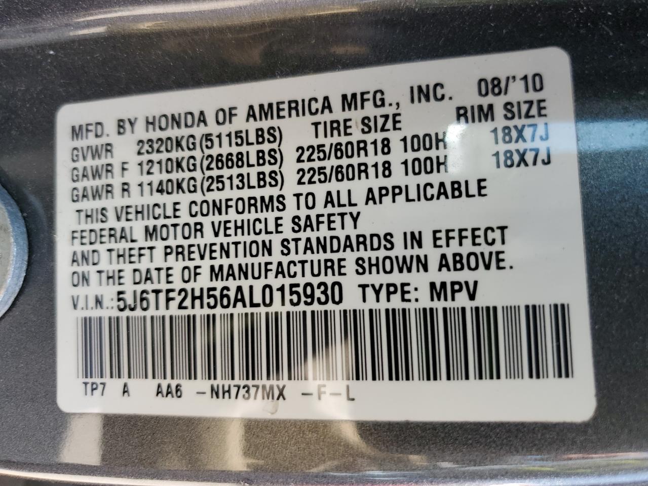 2010 Honda Accord Crosstour Exl VIN: 5J6TF2H56AL015930 Lot: 59261535