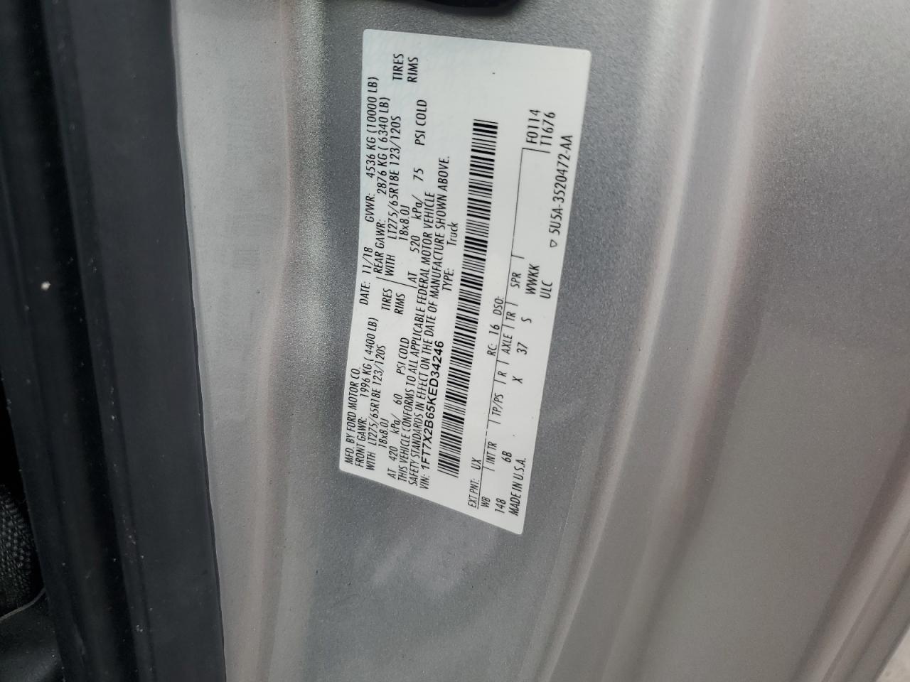 2019 Ford F250 Super Duty VIN: 1FT7X2B65KED34246 Lot: 62483335