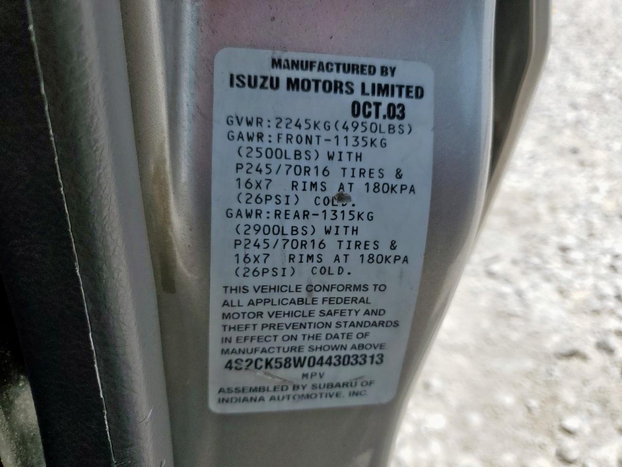 2004 Isuzu Rodeo S VIN: 4S2CK58W044303313 Lot: 59279805