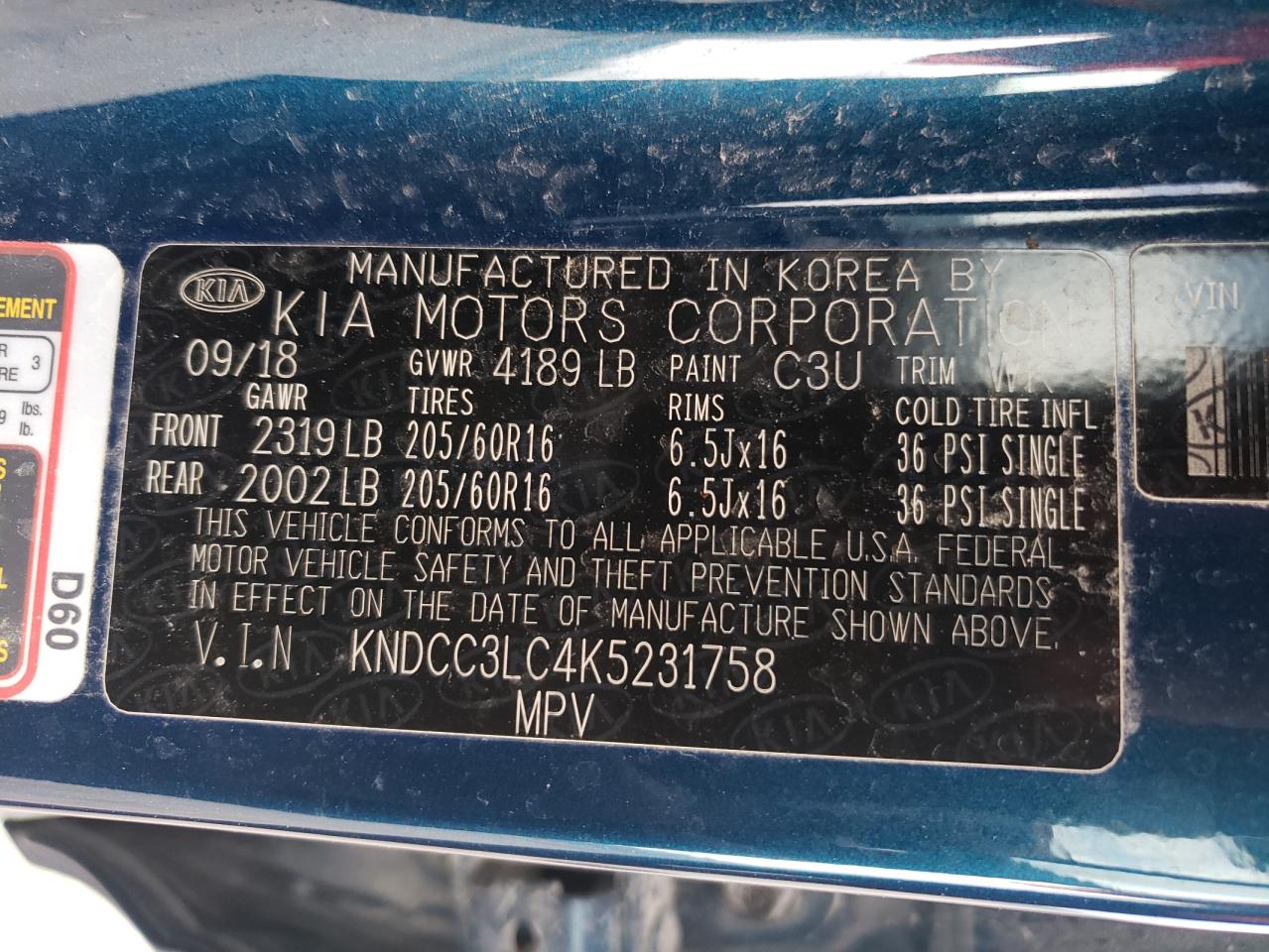 2019 Kia Niro Ex VIN: KNDCC3LC4K5231758 Lot: 60887995