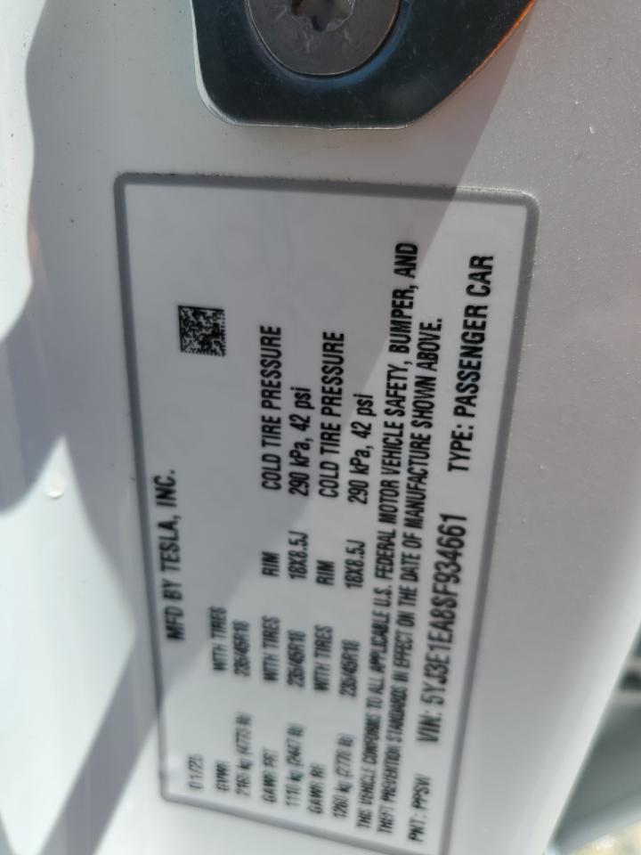 2025 Tesla Model 3 VIN: 5YJ3E1EA8SF934661 Lot: 61469155