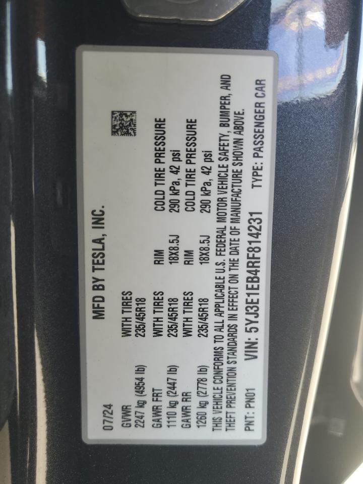 2024 Tesla Model 3 VIN: 5YJ3E1EB4RF814231 Lot: 62905035