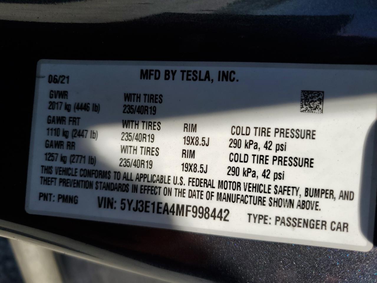 2021 Tesla Model 3 VIN: 5YJ3E1EA4MF998442 Lot: 62131025