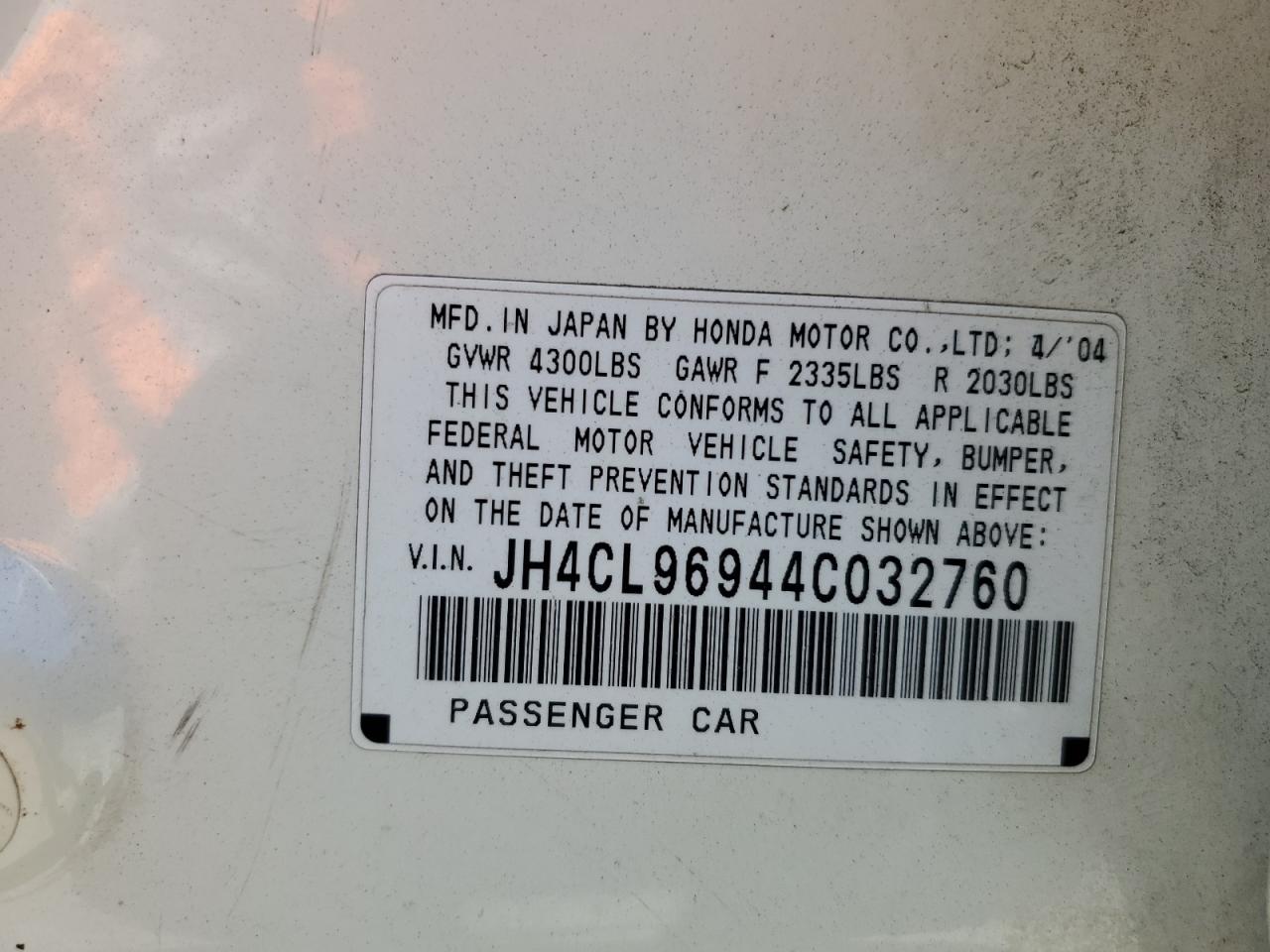 2004 Acura Tsx VIN: JH4CL96944C032760 Lot: 62995155