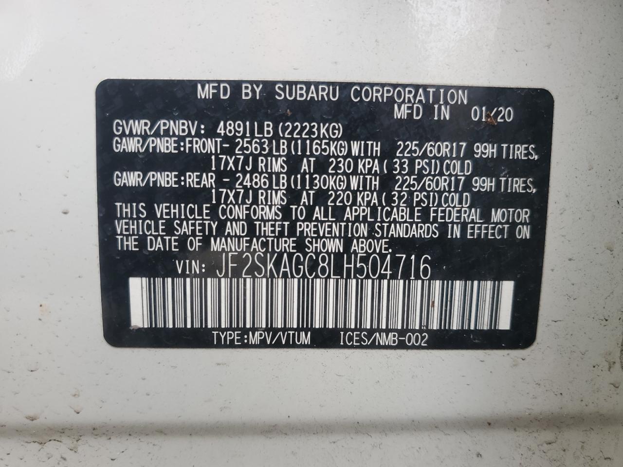 2020 Subaru Forester Premium VIN: JF2SKAGC8LH504716 Lot: 62562775