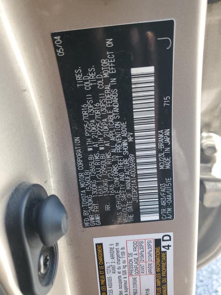 2004 Toyota Highlander Base VIN: JTEDP21A140036989 Lot: 61689775