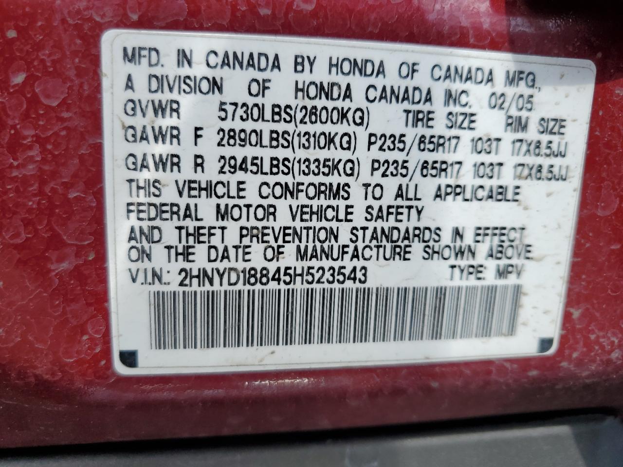 2005 Acura Mdx Touring VIN: 2HNYD18845H523543 Lot: 61679365