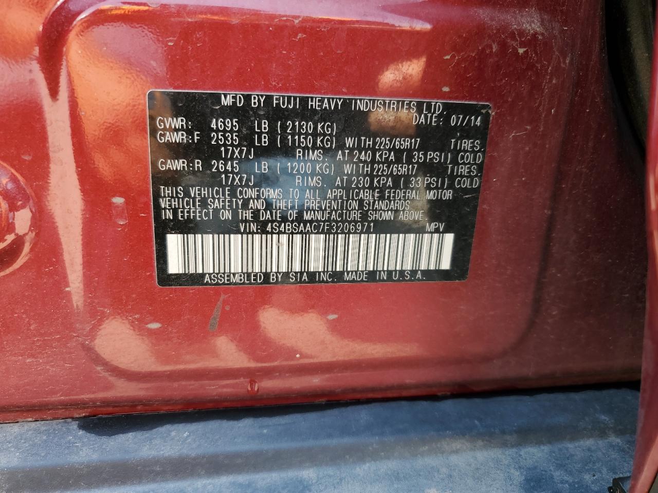 2015 Subaru Outback 2.5I VIN: 4S4BSAAC7F3206971 Lot: 62922435