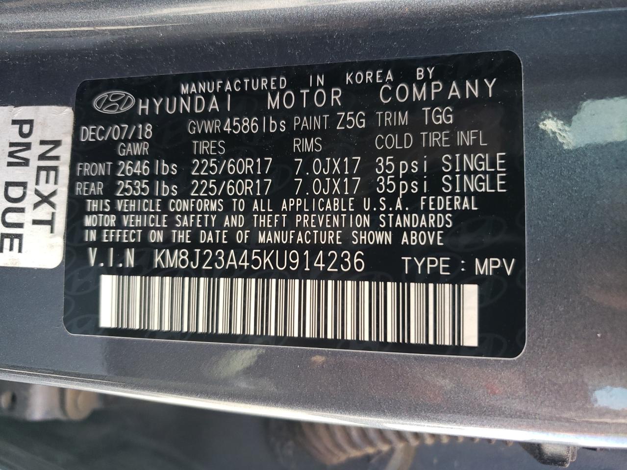 2019 Hyundai Tucson Se VIN: KM8J23A45KU914236 Lot: 62882835