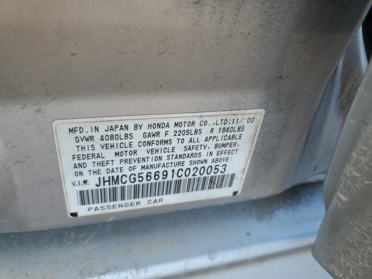 2001 Honda Accord Ex VIN: JHMCG56691C020053 Lot: 59528465